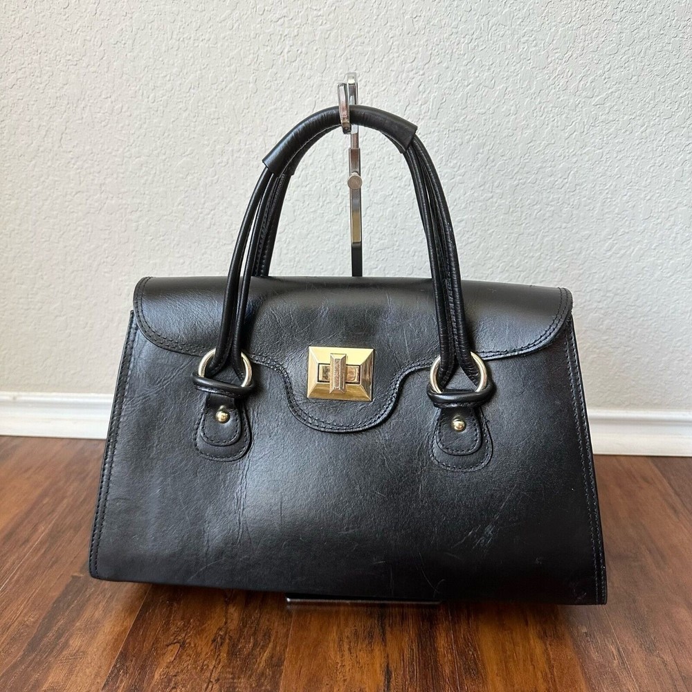 ROBERTA M Italian Leather Satchel Bag in Black (L 15" x W 6.25" x H 9")